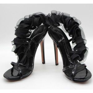 ZigiNY Zigi NY Black Satin Chiffon Ruffle Wedding Prom Sandal Heels Size 7.5